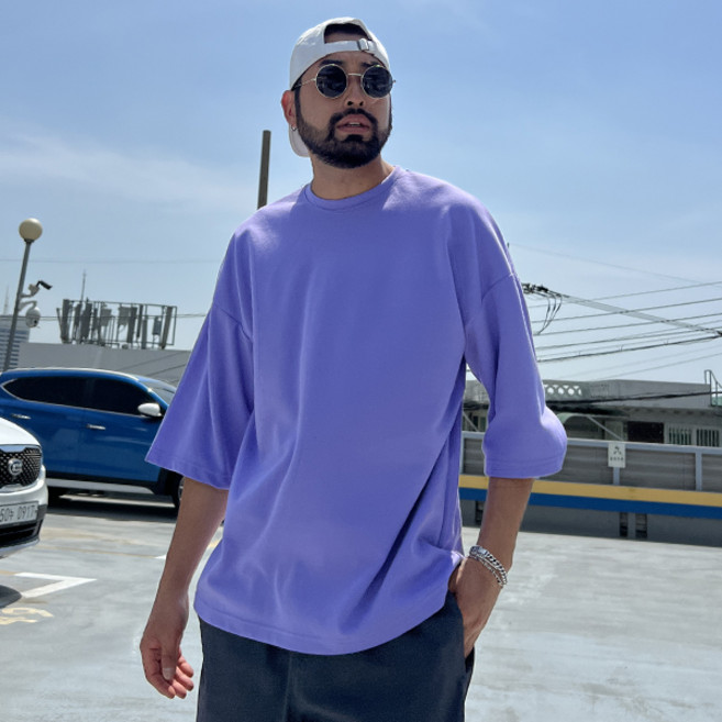 파이브라지 남성용 통기성 빅사이즈 오버핏 무지 7부 반팔 티셔츠