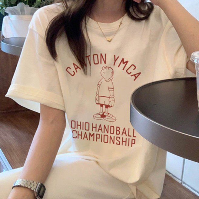 아이캔심플 여성용 캐주얼 그래픽 박스핏 반팔 티셔츠