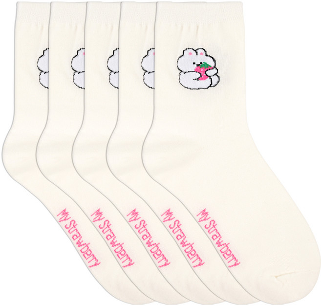 박군 여성용 딸기토끼 중목 양말 5켤레 세트