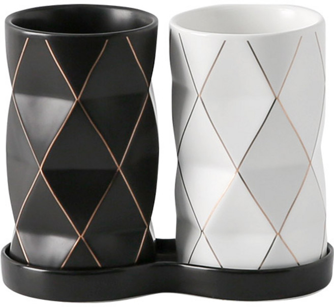 홈앤하우스 디아망 패턴 2구 수저통, 블랙, 화이트(수저통), 블랙(받침대), 1개