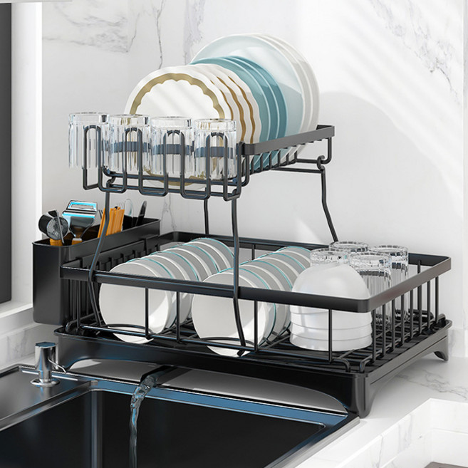 아메리칸로드 타워형 철제 물빠짐 식기건조대 RK1979, 2단, 블랙, 1개