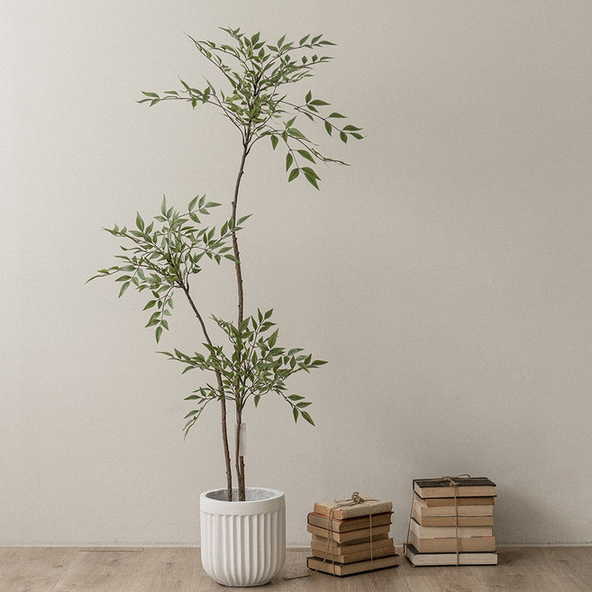 플라우스302 조화 남천나무 핸드메이드 시멘트 화분 150cm, 1개, 원형 스트라이프