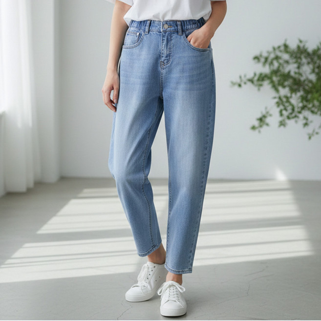 인피어스 여성용 심플 뒷밴딩 배기핏 청바지 I263-0175LBU