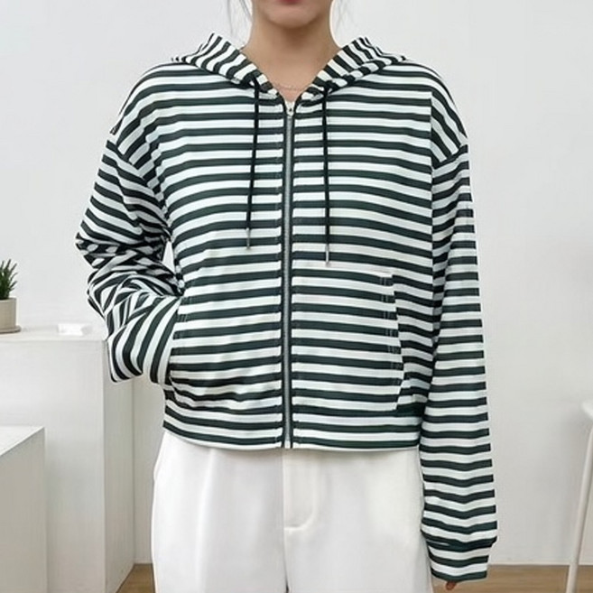알로데 여성용 스트라이프 크롭 후드 집업