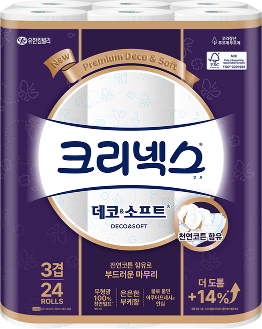 Kleenex Deco & Soft 天然紙漿高級捲筒衛生紙 3層, 28m, 24捲, 1袋