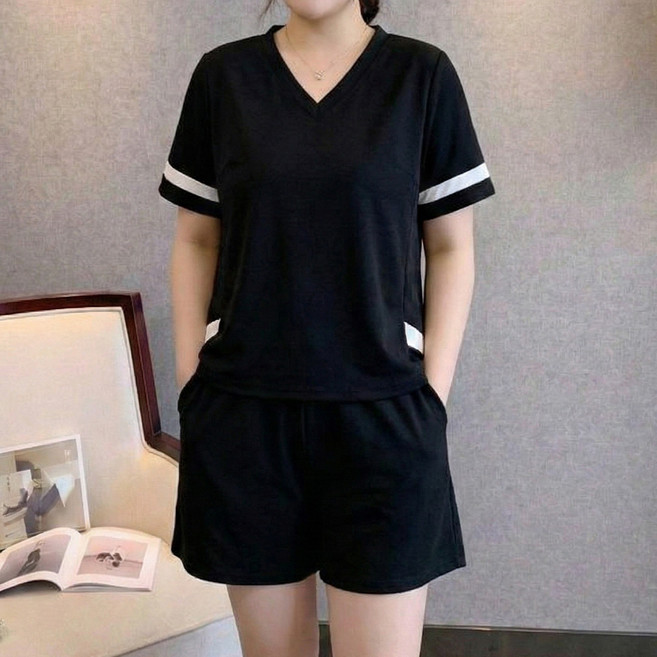 INFIOUS 女款大尺碼撞色運動短袖短褲套裝 I263-0190