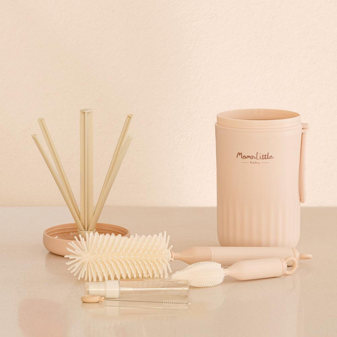 MomnLittle 嬰兒便攜式奶瓶清潔組 柔和桃, 奶瓶乾燥架 + 奶瓶清潔刷 + 奶嘴清潔刷 + 吸管清潔刷 + 奶瓶清潔劑容器