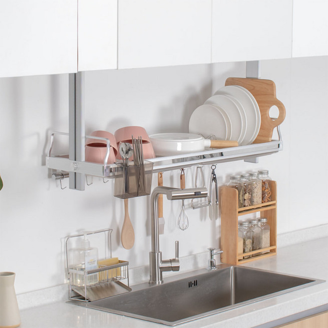 퀸넥스 높이조절 스톤S 부착식 식기건조대 900-310mm, 1단, 실버, 1개
