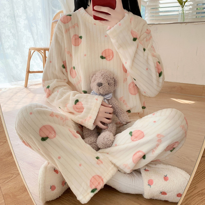 Elsso 女性保暖刷毛睡眠睡衣 上衣 + 下著 套裝