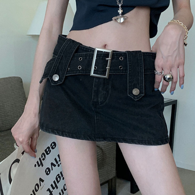 피어니스트 와이드 벨트 레트로 데님 스커트