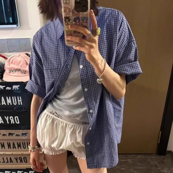 PEONIST 女款口袋基本領寬鬆短袖襯衫