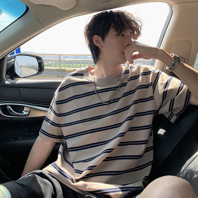 선빛 남성용 머렌 스트라이프 라운드 코튼 반팔 티셔츠