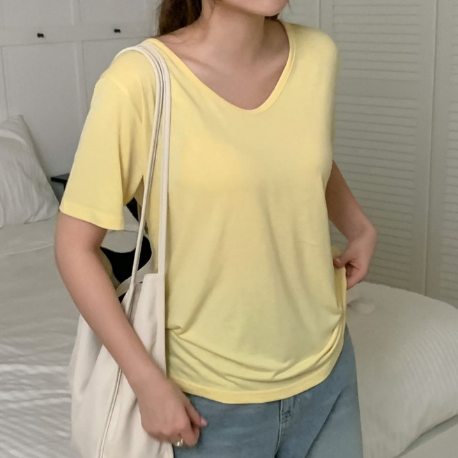 라라온 여성용 기본 스판 브이넥 반팔 티셔츠 26TSP3804