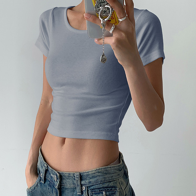 라라온 여성용 무지 라운드넥 크롭 반팔 티셔츠 TSP2345