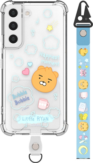 리틀카카오프렌즈 버블버블 투명 방탄 강화 휴대폰 케이스 + 스마트 탭 핸즈 스트랩 세트