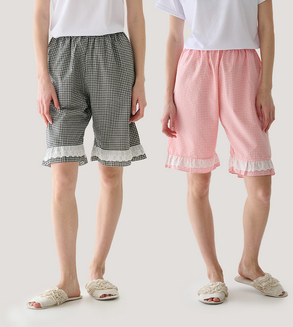 테라우드 여성용 리썸 체크 레이스 5부 파자마 바지 2종 세트