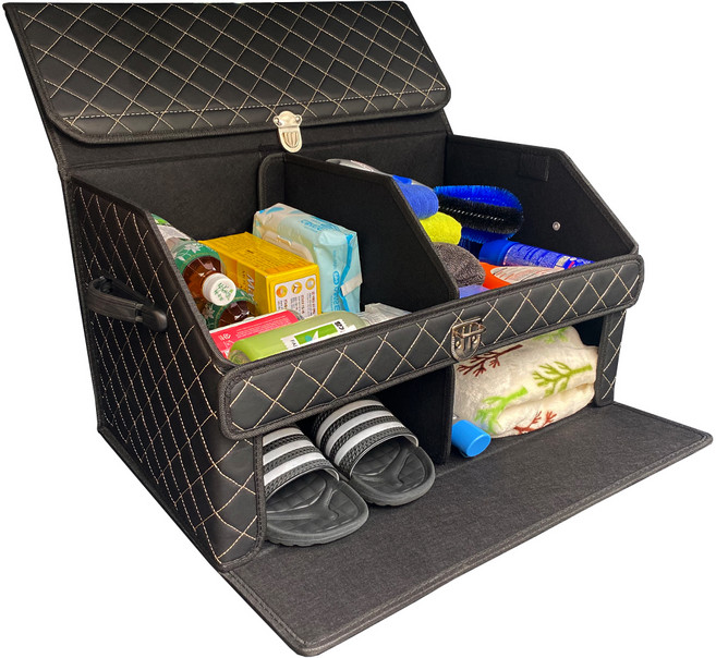 에이스피드 2층 수납 가죽 트렁크정리함, 블랙골드