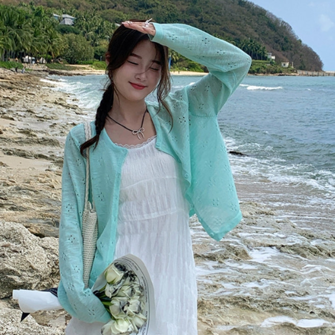 피어니스트 여성용 청순 코디 펀칭 커버 긴팔 가디건