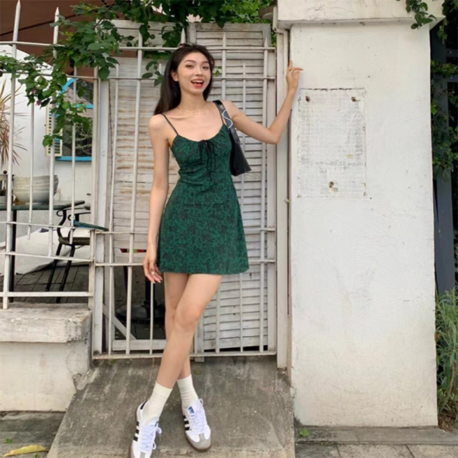 PEONIST H字型碎花修身迷你連身裙, 綠色