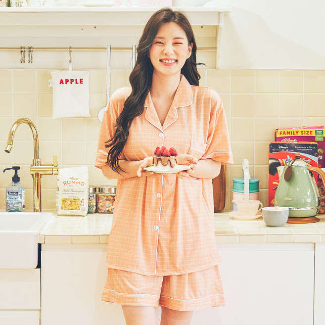씨엘스토리 여성용 냉감 어반체크 카라 잠옷 상하의 세트
