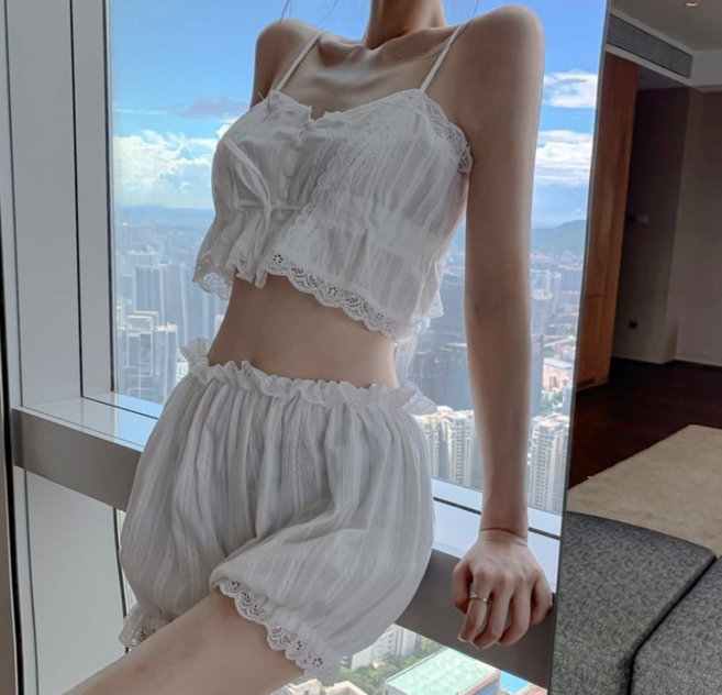 CofV 女性棉質蕾絲細肩帶睡衣上下套裝