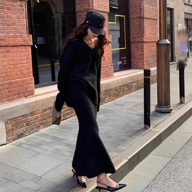 안다로미 여성용 오버핏 브이넥 머메이드 스커트 상하의 세트