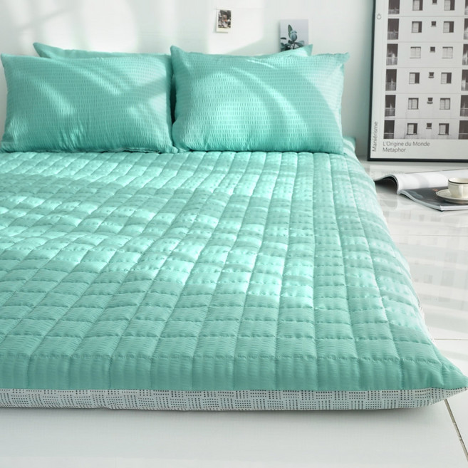 스코홈 여름 냉감 시어서커 누빔 요커버 + 요솜 세트, 심쿵민트