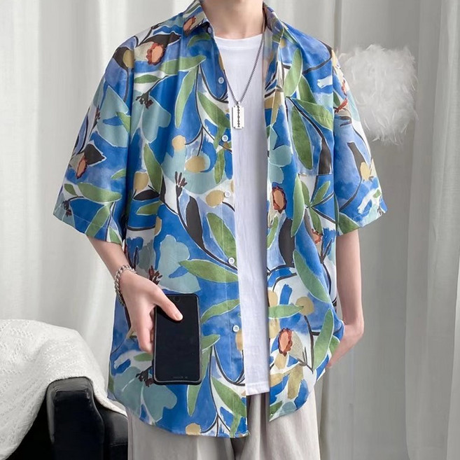 Elso 男女通用寬鬆版夏威夷圖案短袖襯衫