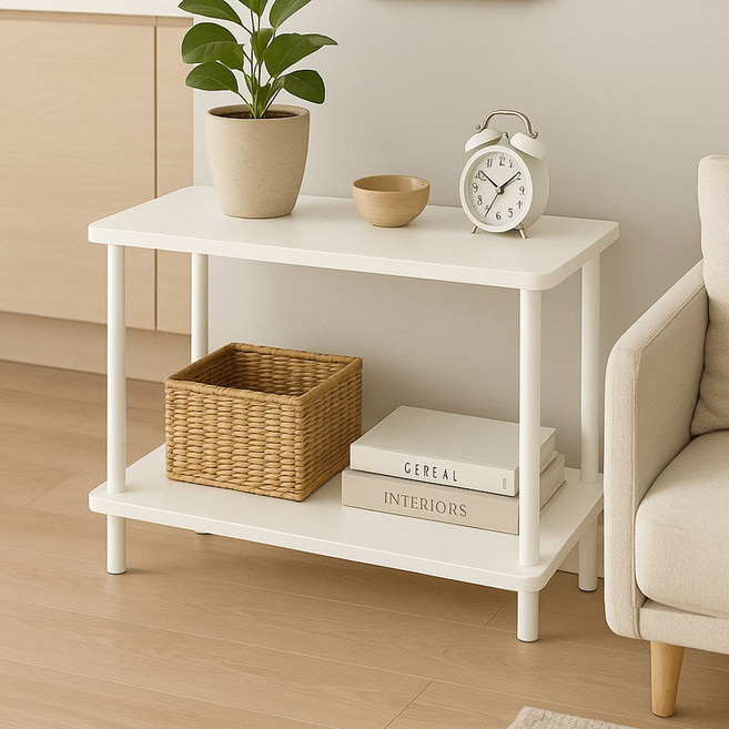 가구느낌 사각 라운드 선반, 화이트화이트, 2단