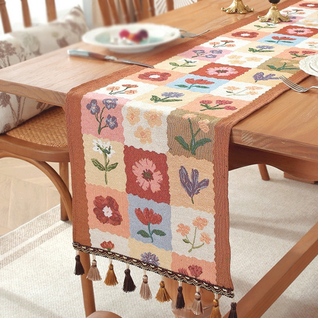 맙소샵 레트로 플로럴 패치 식탁러너 HR2700, 브라운, 1개, 33 x 160 cm