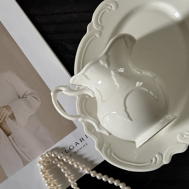 LANO 프렌치풍 양각 세라믹 저그 인테리어 장식 화병, 01 밀크 화이트