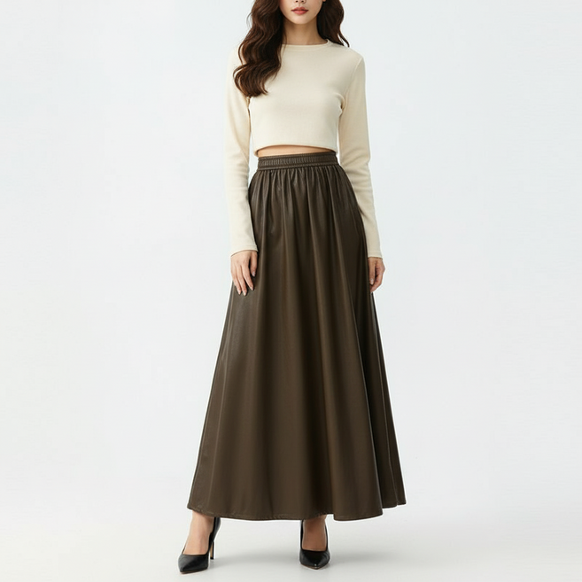 마켓피아 여성용 가죽 레더 A라인 밴딩 롱 스커트