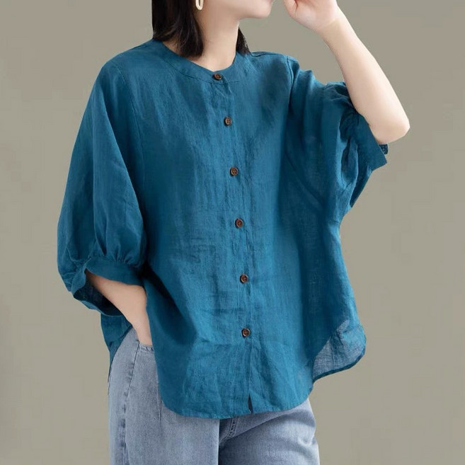 반야스토리 루즈핏 버튼 린넨 블라우스 QQ142