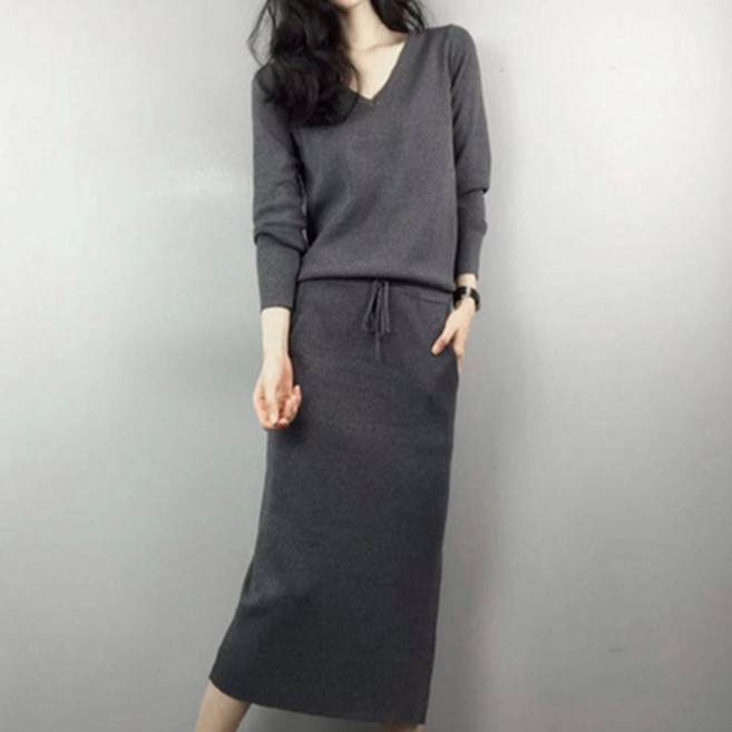 구디프 여성용 브이넥 니트 데일리 허리스트링 롱원피스 세트