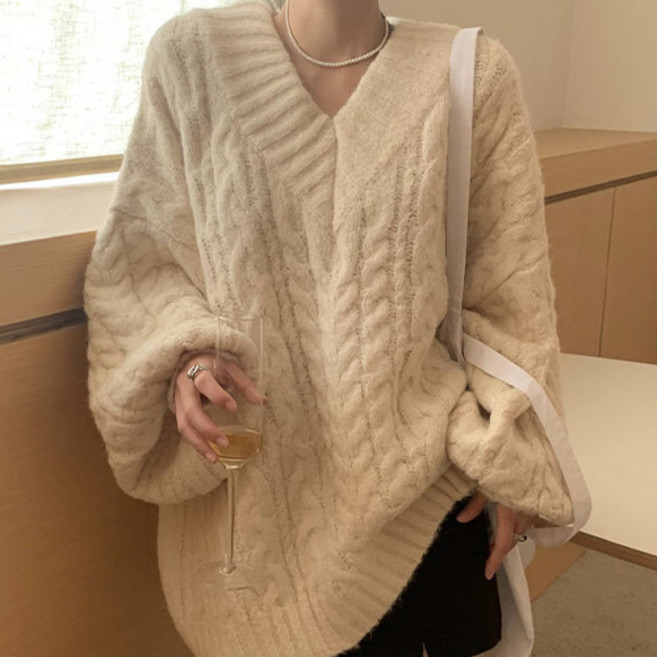 더플로우커머스 여성용 두툼한 포근 꽈배기 브이넥 겨울 스웨터