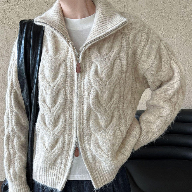 더시럽 여성용 하이넥 꽈배기 투웨이 니트 집업