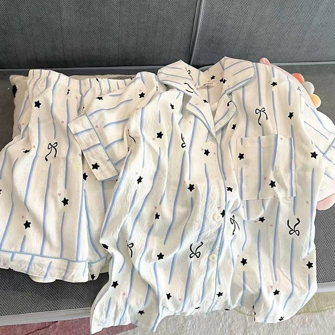 PEONIST 女款泡泡紗口袋甜美可愛睡衣兩件式套裝
