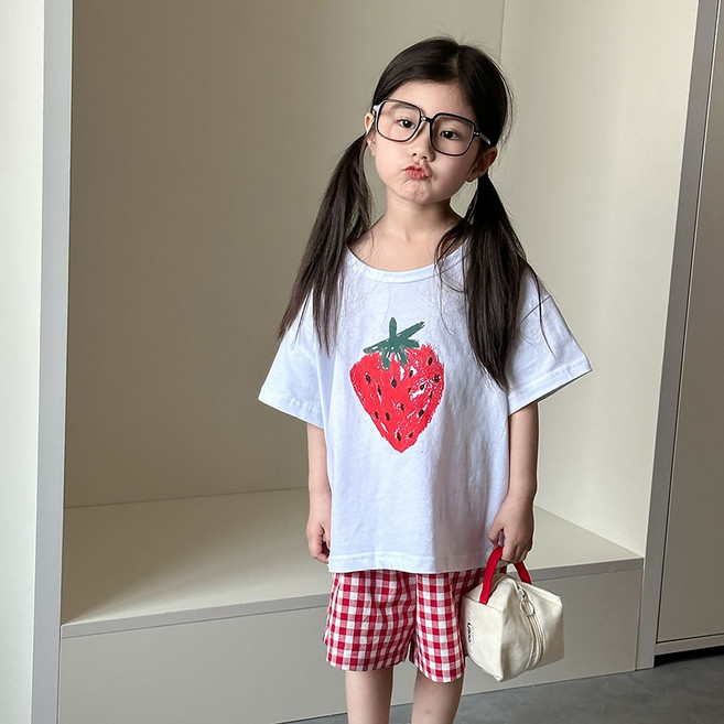 스타빈 아동용 후르츠 반팔 티셔츠 + 체크 팬츠 세트