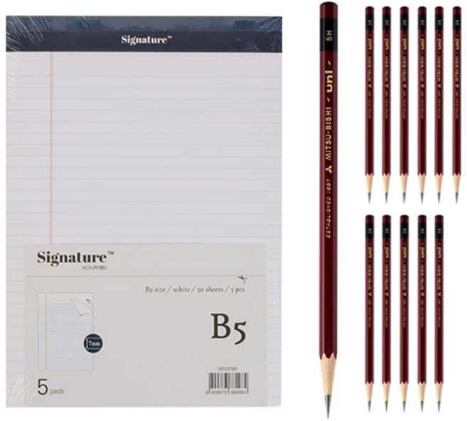 Uni 線條筆記本 B5 5入+鉛筆 5H 12入, 白色(Legal Pad), 1套