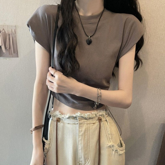 아이엠몽 여성용 슬림핏 라운드넥 숄더캡 셔링 크롭 반팔 티셔츠 R6H176