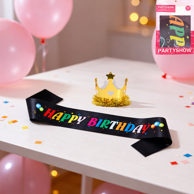 파티쇼 생일 홈파티 포토존 왕관 + 어깨띠 세트, 골드(왕관), 컬러풀 블랙(어깨띠), 1세트