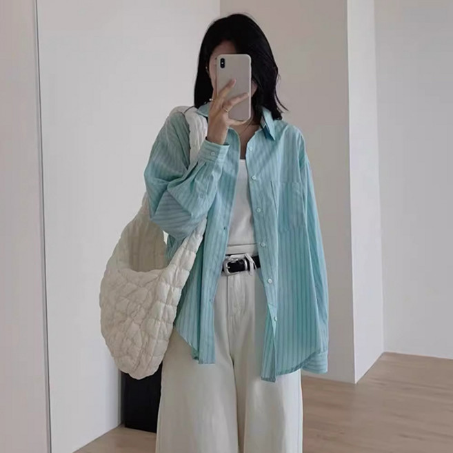 디멜디 여성용 스윗 마카롱 스트라이프 오버핏셔츠 EO028