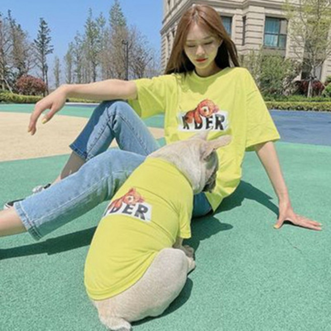 새코밍 반려견 + 견주 곰돌이 커플룩 티셔츠 세트, 옐로우, 1개