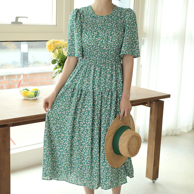 빼빼 여성용 셔링 플라워 플레어 반팔 롱 원피스