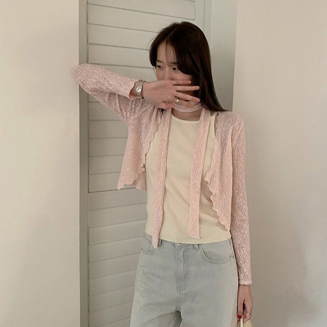 타니즈 여성용 미클렌 플라워 자수 긴팔 크롭 가디건 스카프