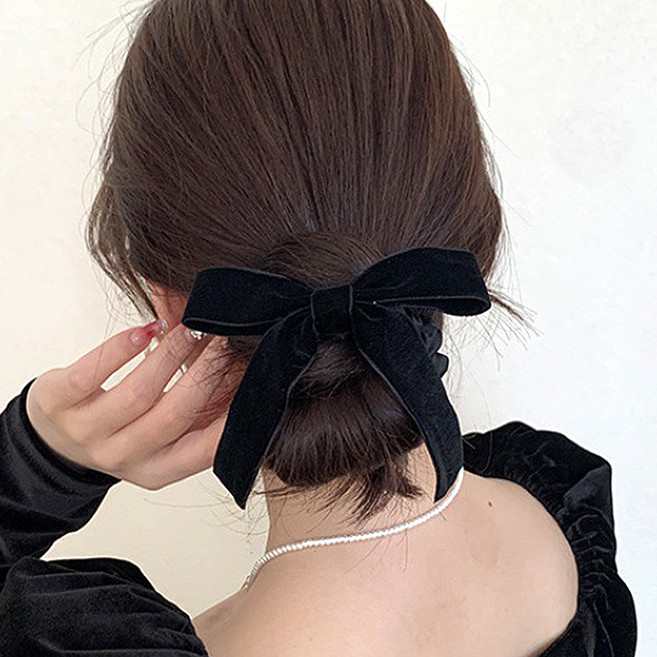 젤루나 블랙 벨벳 리본 심플 스크런치 귀여운 헤어 슈슈 곱창밴드 머리끈 H-217