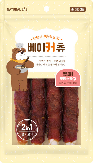 네츄럴랩 강아지 베이커 츄 간식 스틱 M, 혼합맛(오리가슴살/우피), 200g, 1개