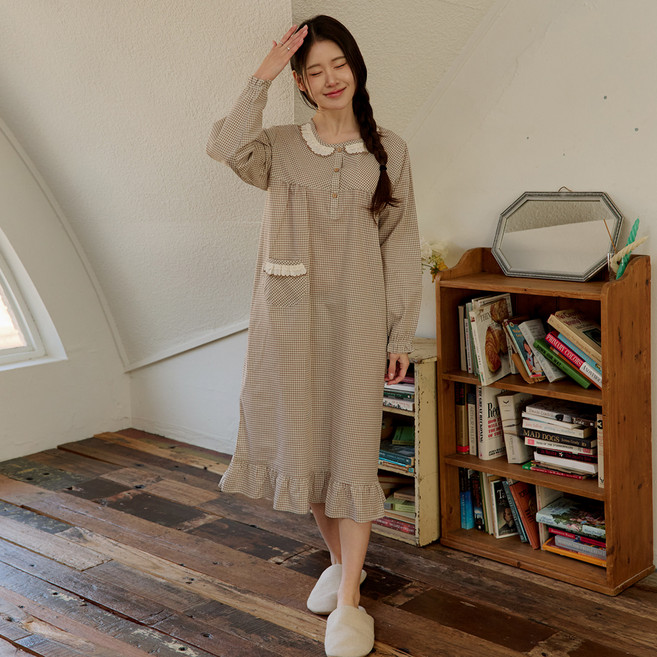 찌니야 여성용 통기성 로얄 40수 순면 긴팔 원피스 잠옷 7287