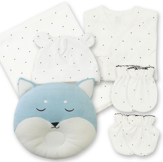 베이비베어 유아용 스타 배냇저고리 + 손싸개 + 발싸개 + 신생아모자 + 속싸개 + 여우짱구베개 세트