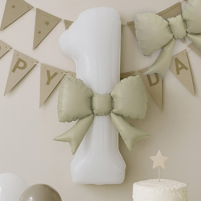 파티쇼 러블리 리본 은박 중형 풍선 2p + 숫자 풍선 1, 베이지(중형 베이지), 화이트(숫자 풍선), 1세트